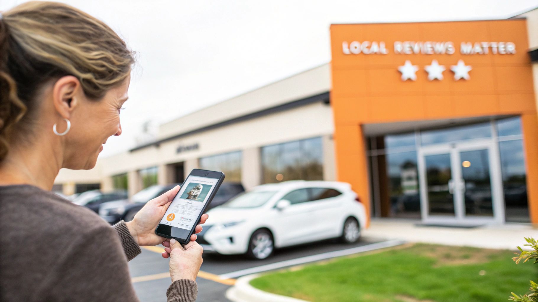 Smiling woman looking at a business review on her phone outside a building with 'Local Reviews Matter' signage.