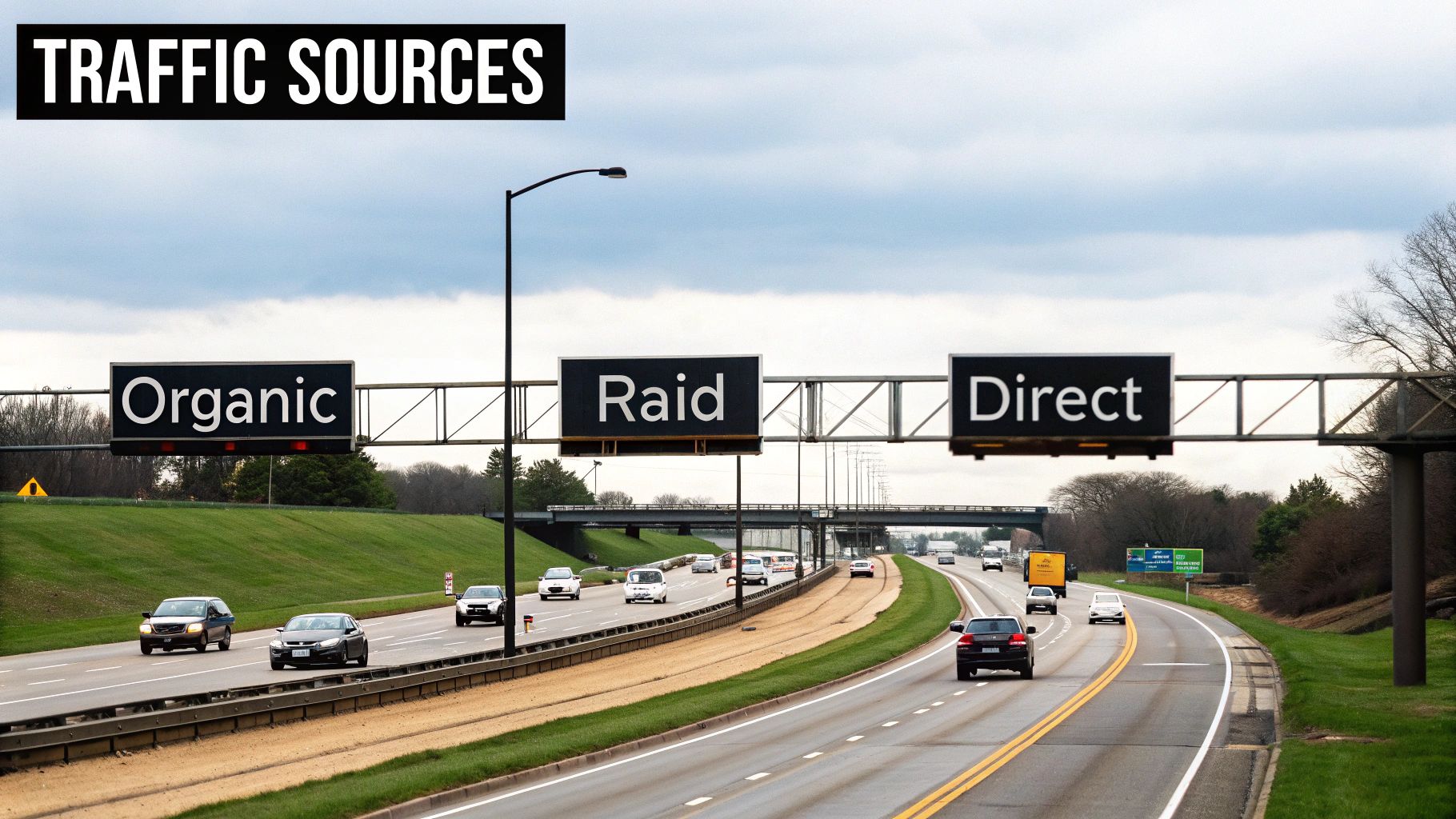 Graph showing different traffic sources like search, social, and direct, with varying conversion rate bars next to each one.