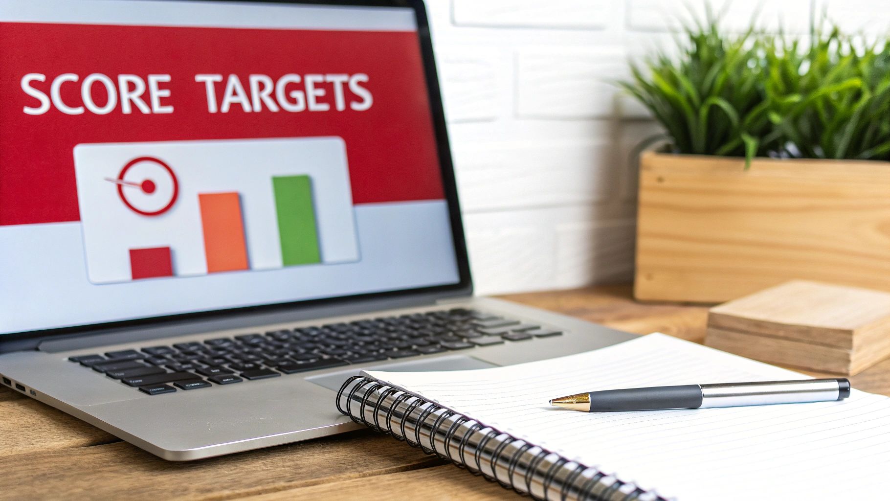 A laptop screen shows 'SCORE TARGETS' with a goal chart and bar graph on a wooden desk.