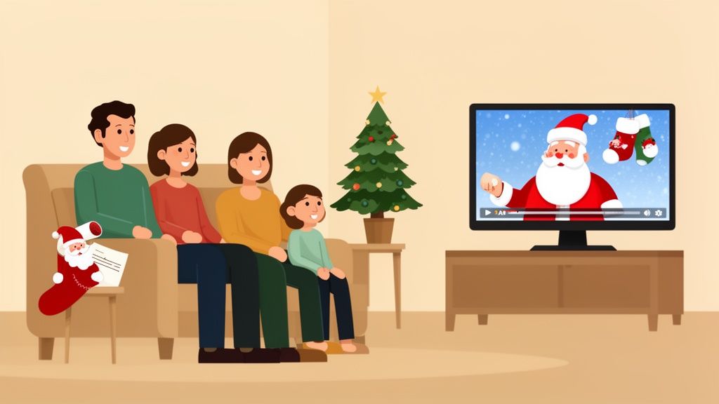 A happy family watches Santa Claus on television in their Christmas-decorated living room.
