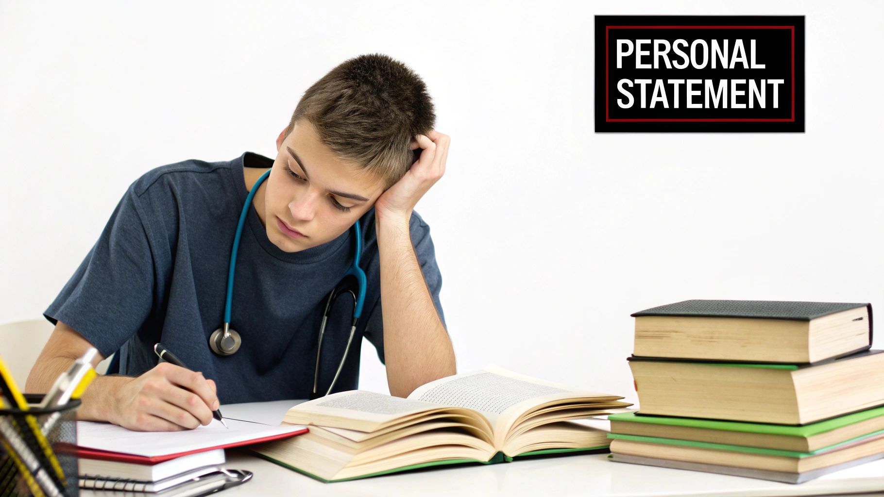 A medical student thoughtfully writing a personal statement at a sunlit desk.