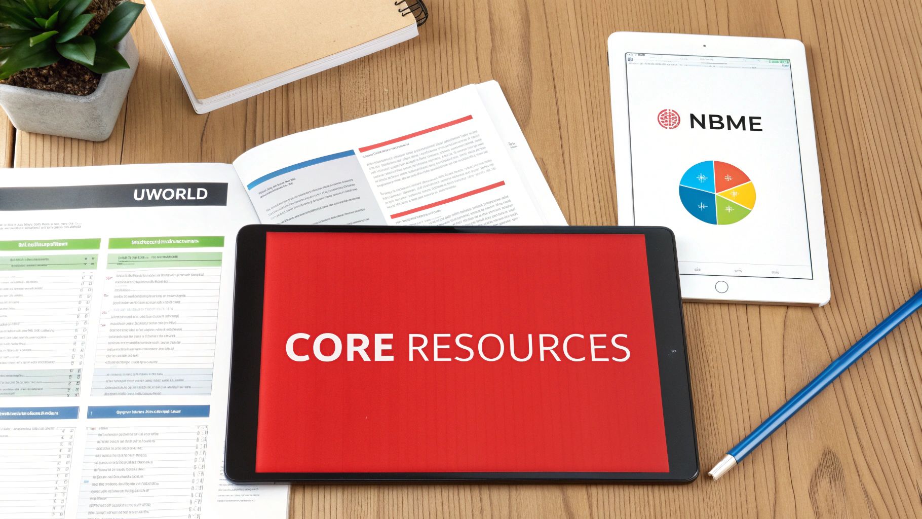 A flat lay of medical study materials including UWorld, NBME, and 'CORE RESOURCES' on a tablet.