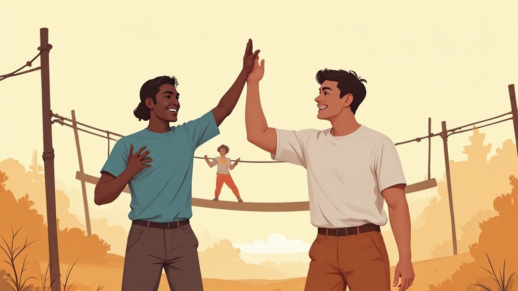 Two smiling men high-fiving outdoors, while a third person walks a tightrope.