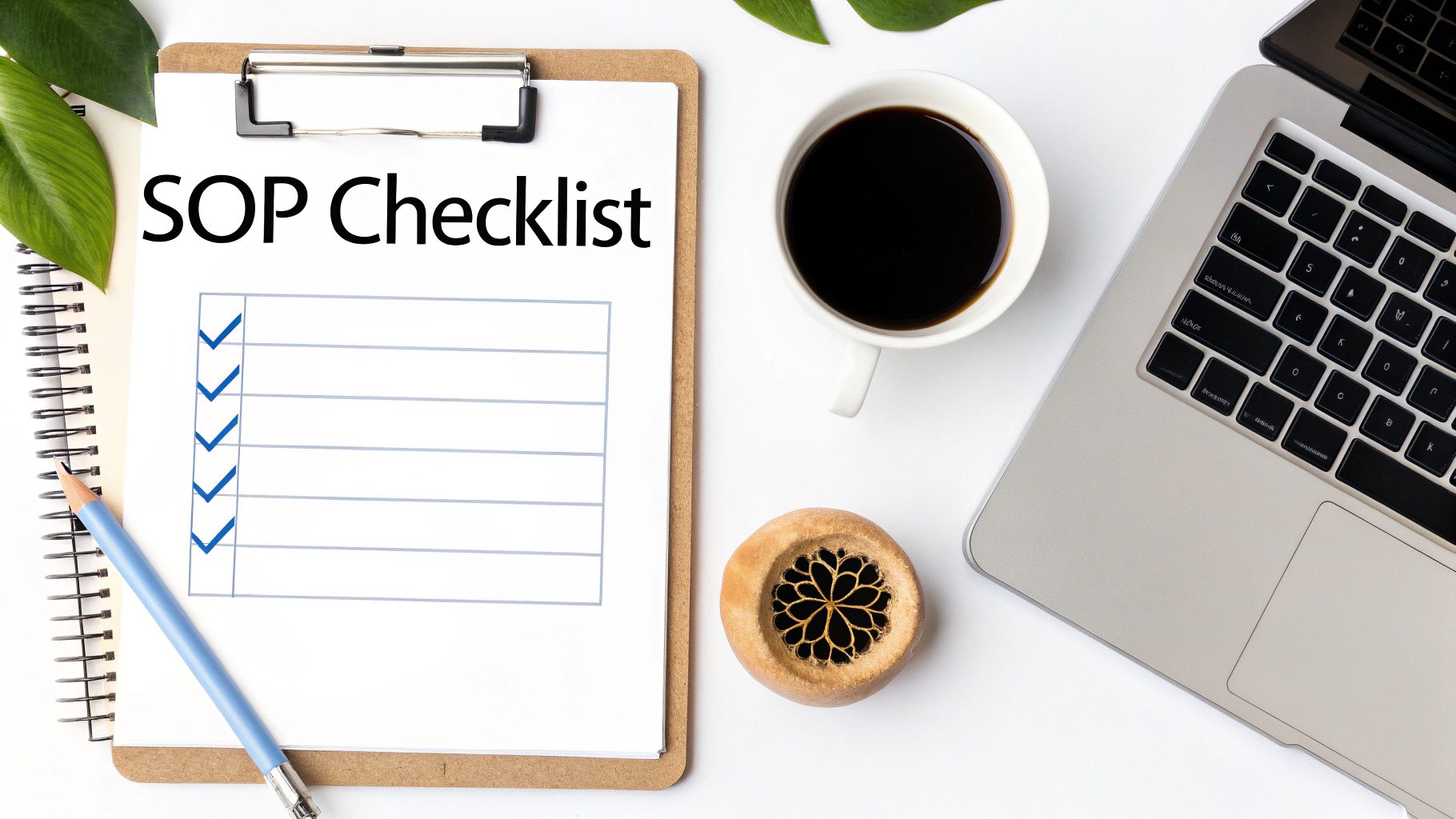 A white desk flat lay with an 'SOP Checklist' clipboard, coffee, laptop, and green leaves.