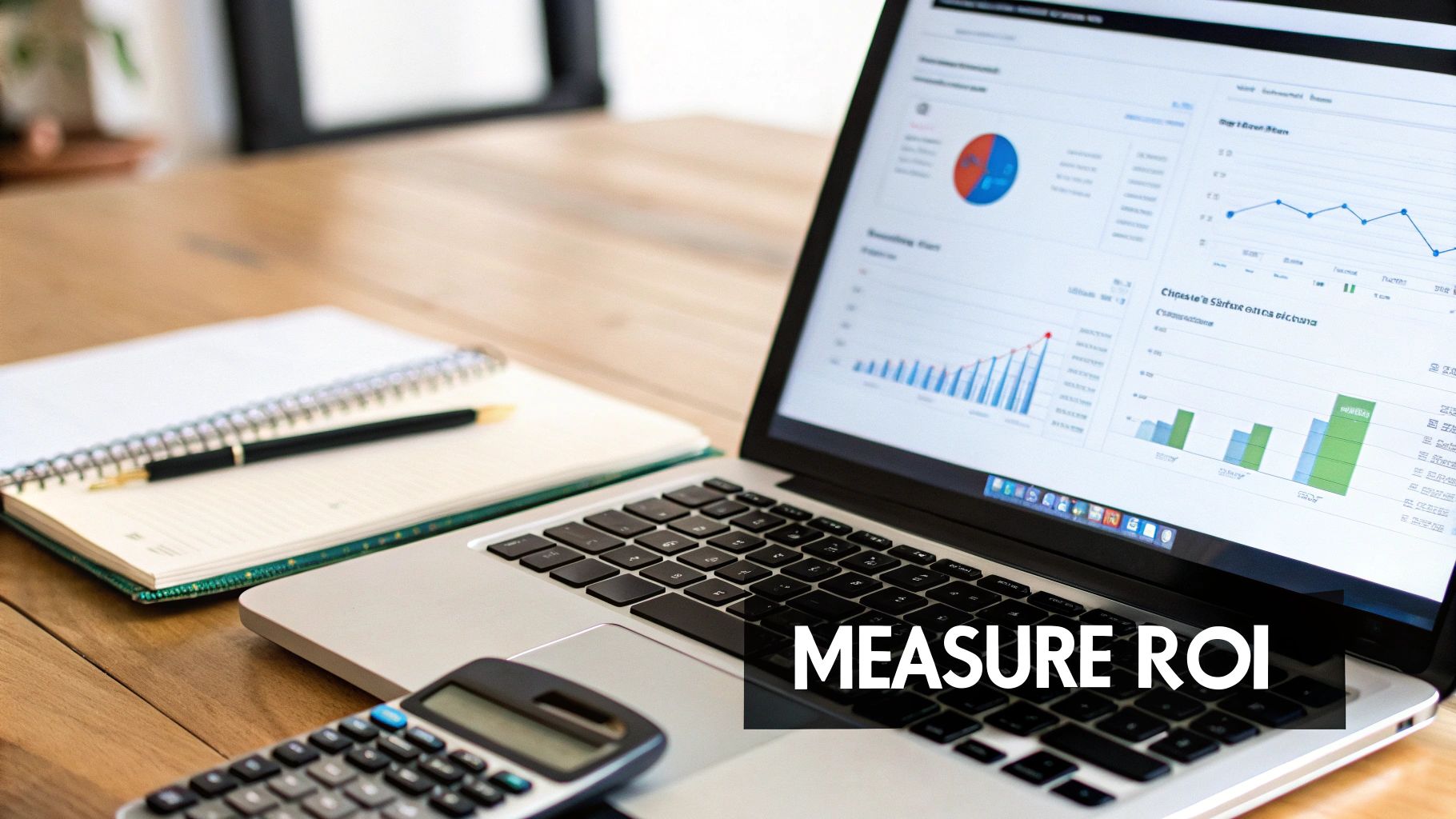 A laptop displays business analytics charts and graphs, with a calculator and notebook, indicating ROI measurement.