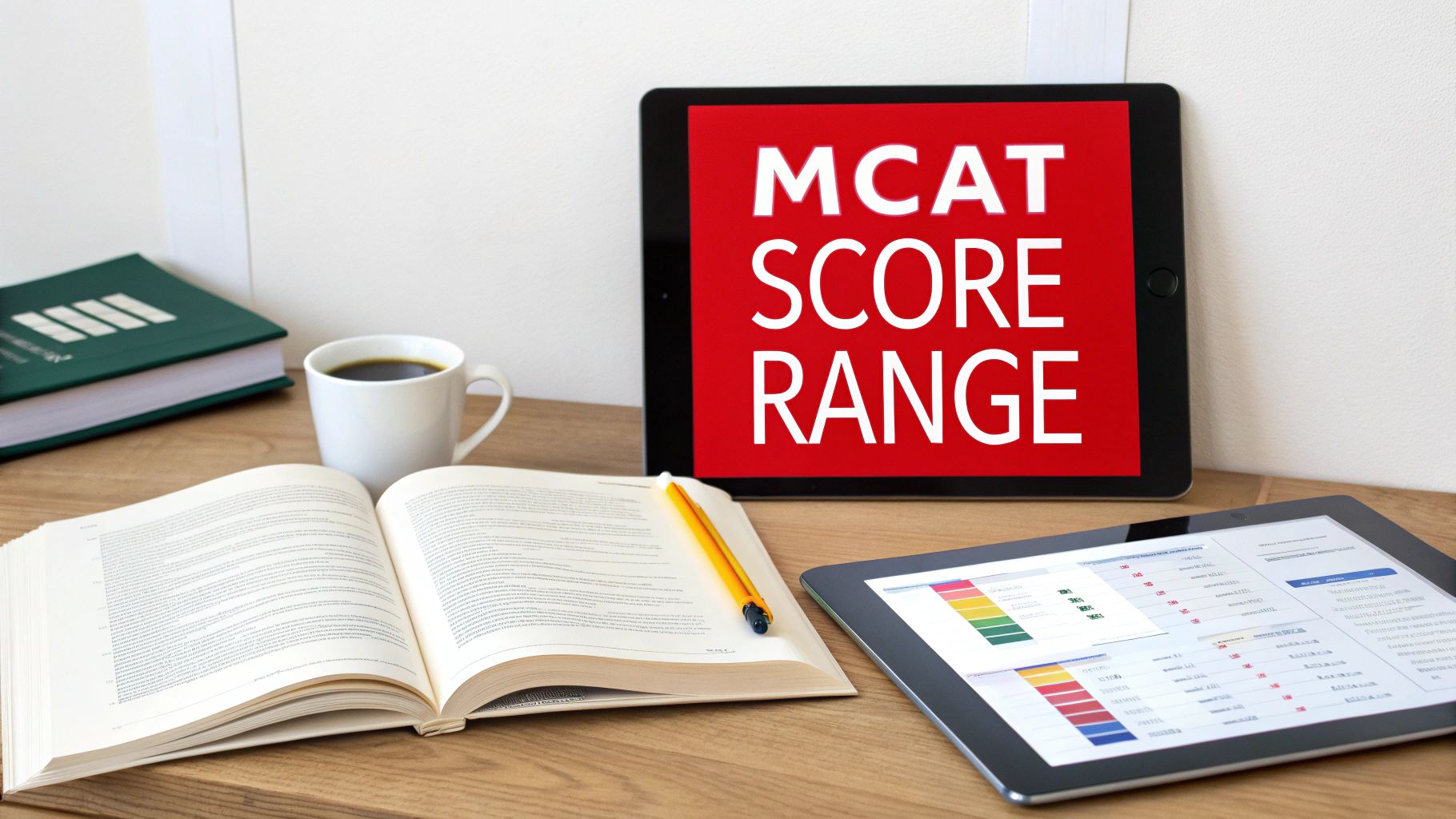 A study desk with books, a coffee cup, and tablets showing MCAT score range information.