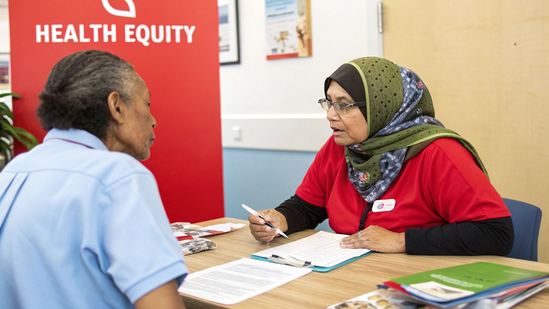 A woman in a hijab assisting another person with documents, with a 'HEALTH EQUITY' sign visible.