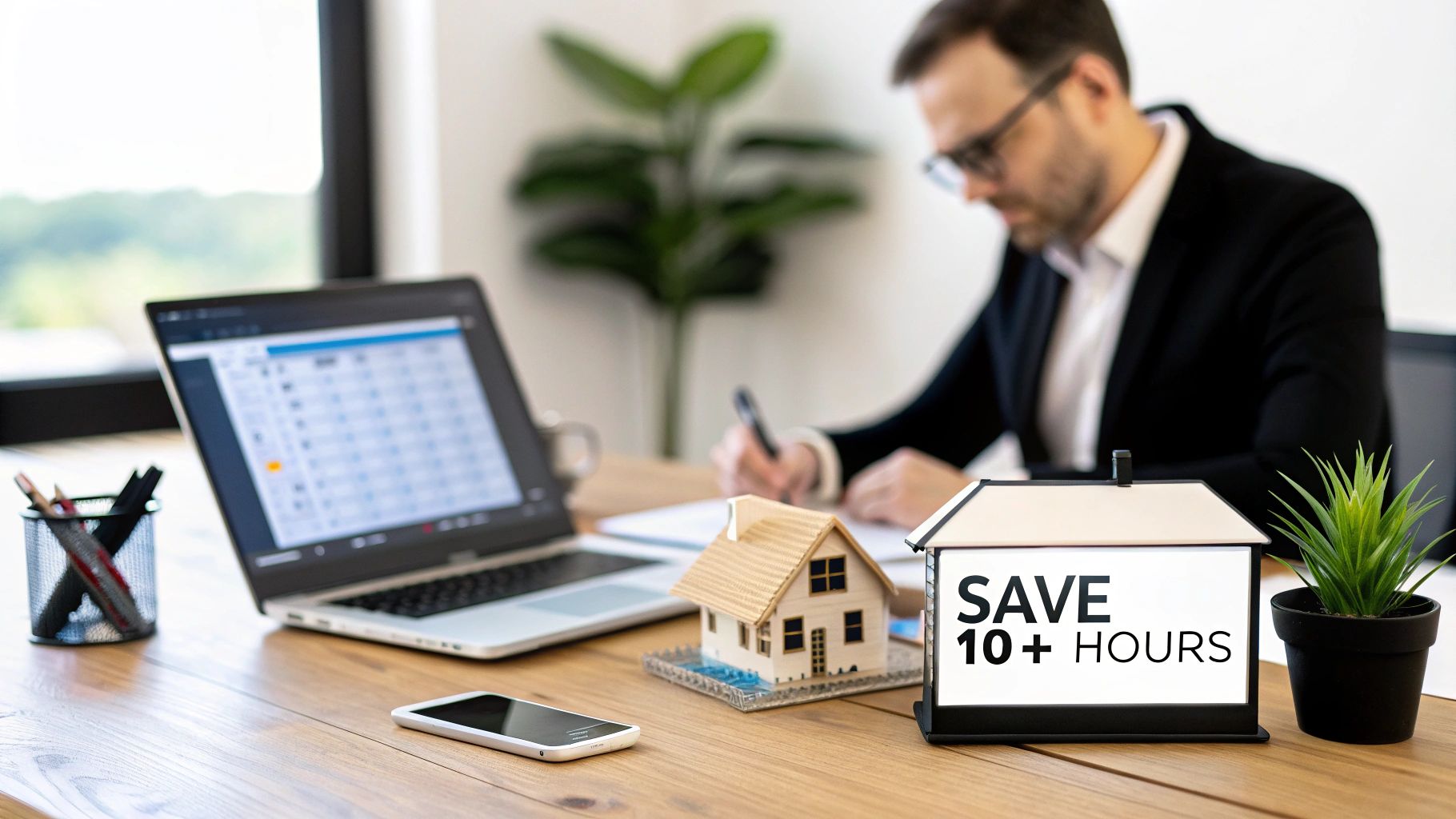 A real estate professional working at a desk with laptop, house models, and a "SAVE 10+ HOURS" sign.