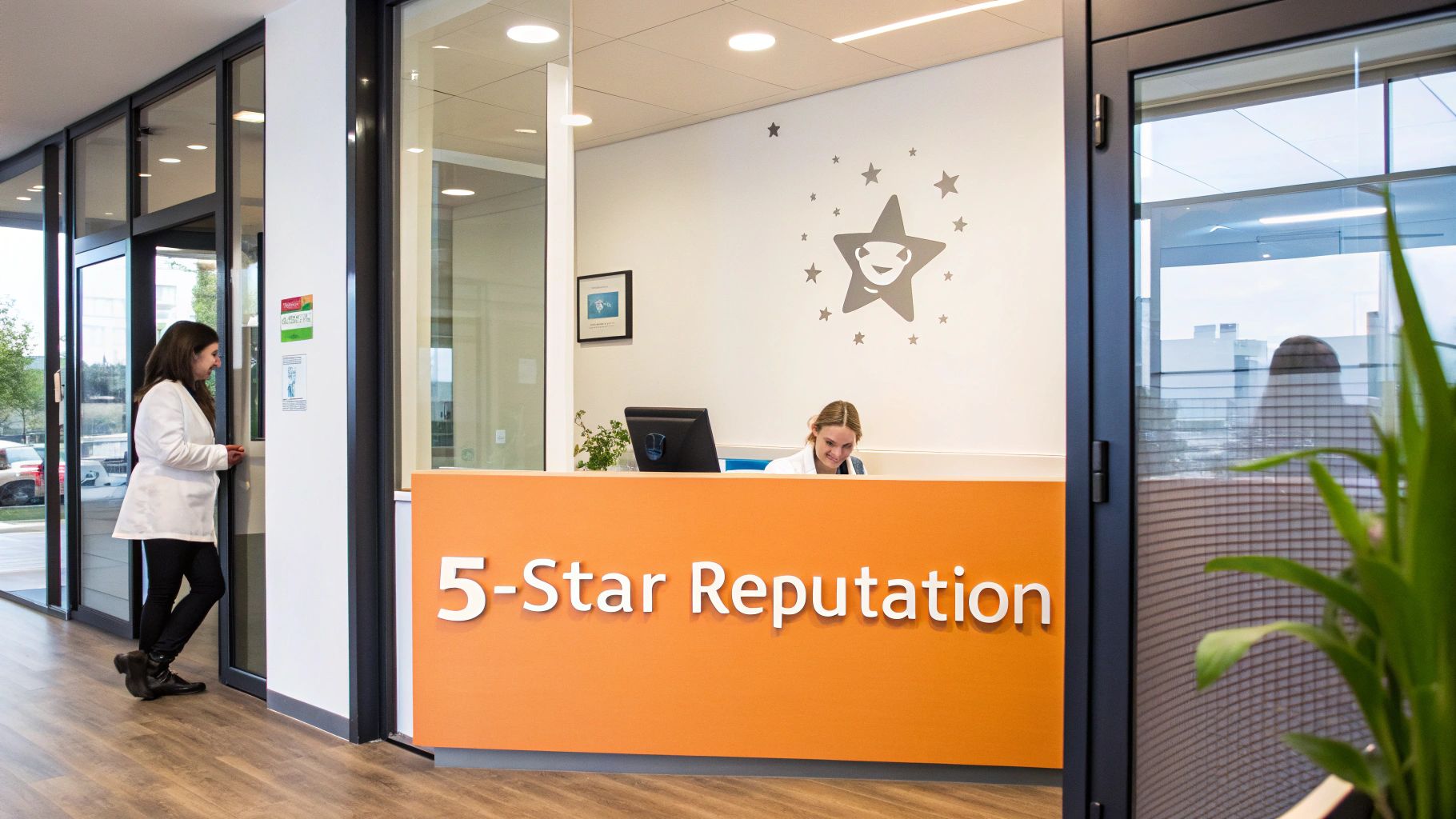 Two women in a modern dental office reception, one smiling at the front desk, the other walking towards a glass door. The orange desk reads '5-Star Reputation'.