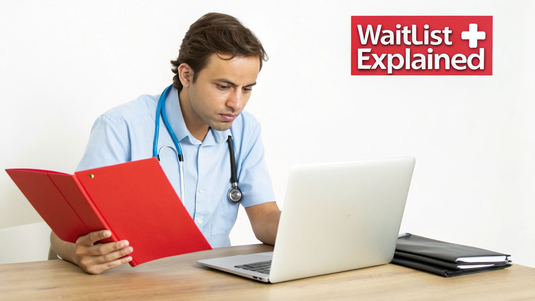 A male doctor in a light blue shirt and stethoscope looks at a laptop, holding a red folder, with 'WaitList + Explained' text.