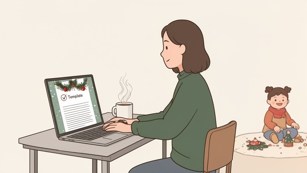 A woman works on a laptop displaying a Christmas template, while a child plays with festive toys nearby.