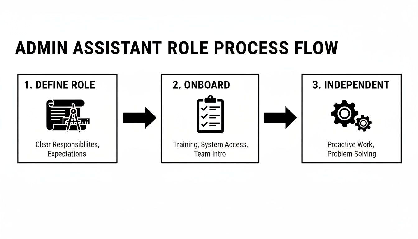 Admin Assistant role process flow: defining, onboarding, and achieving independence with key steps.