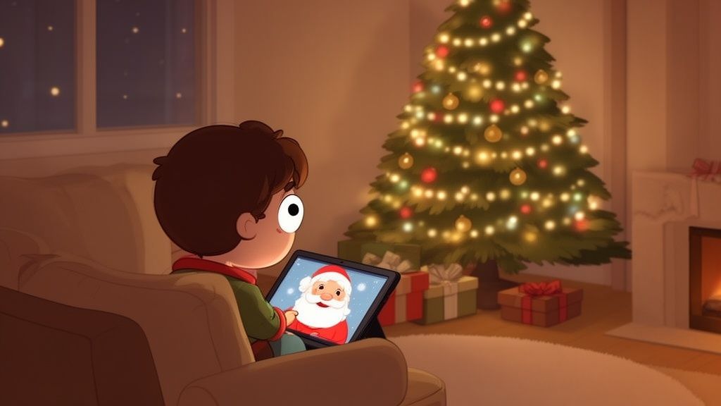 A young boy watches Santa on a tablet, with a festive Christmas tree and gifts nearby.