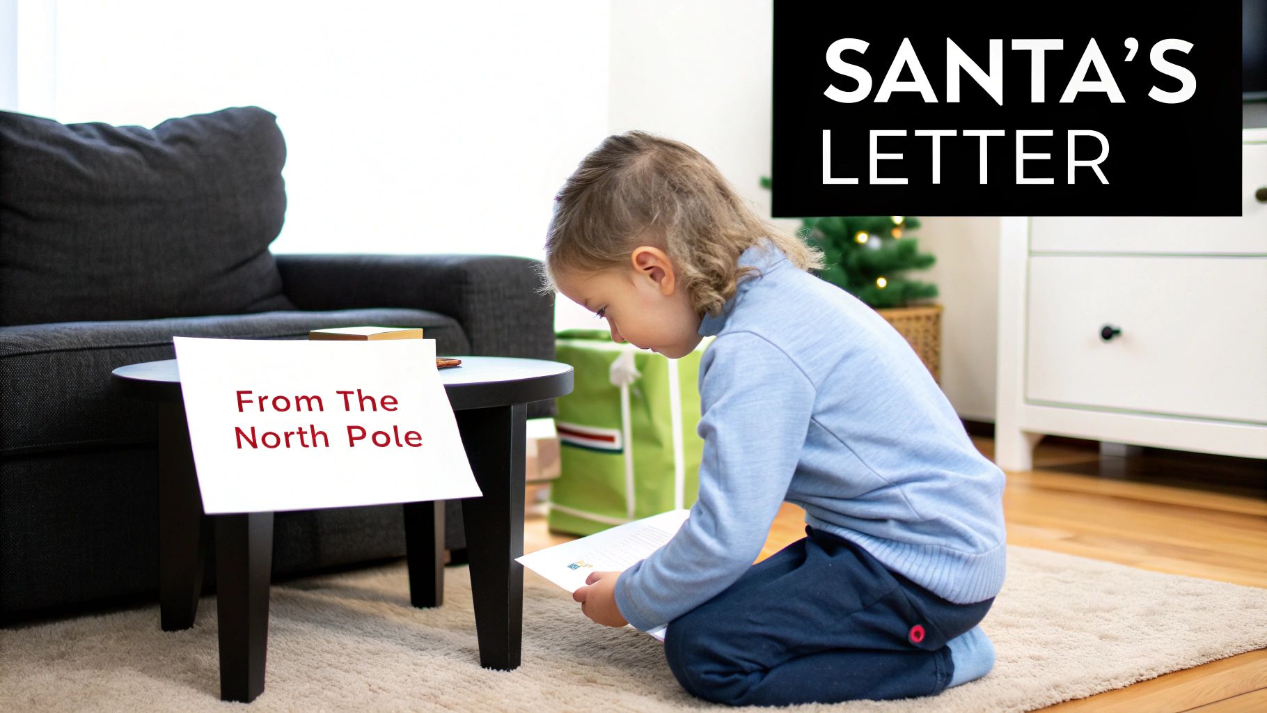 A child writing a letter to Santa at a wooden table decorated for Christmas.