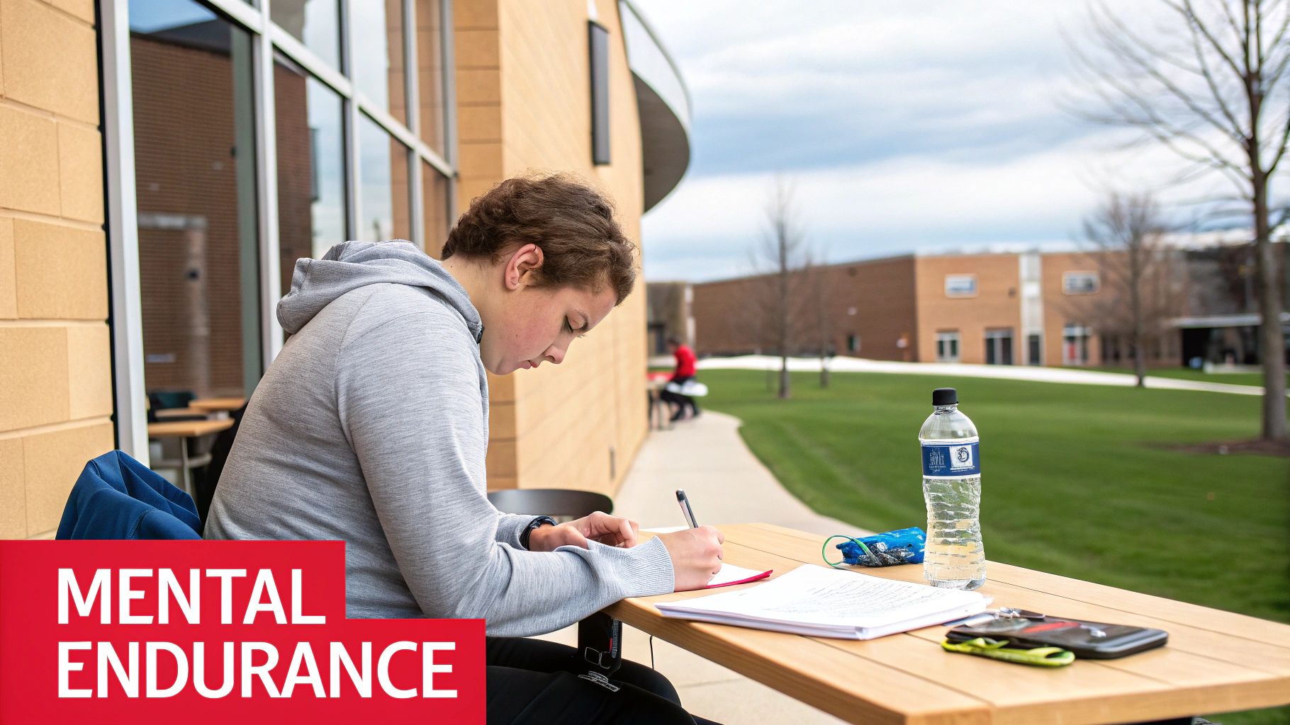 A student sits at an outdoor wooden table, writing in a notebook with a water bottle nearby.