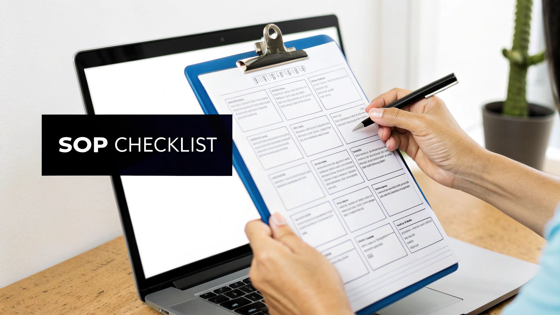 Hands filling out an SOP checklist on a blue clipboard with a pen, a laptop in the background.