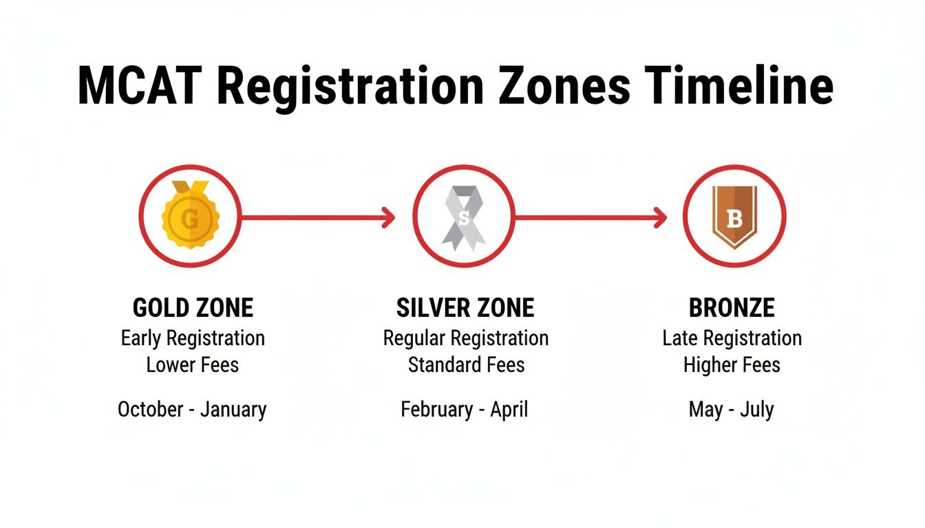 MCAT registration timeline displaying gold, silver, and bronze zones with corresponding dates and fees.