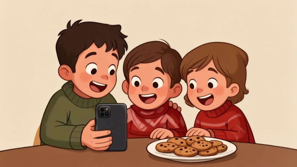 Three happy children watching a smartphone together while sharing chocolate chip cookies.