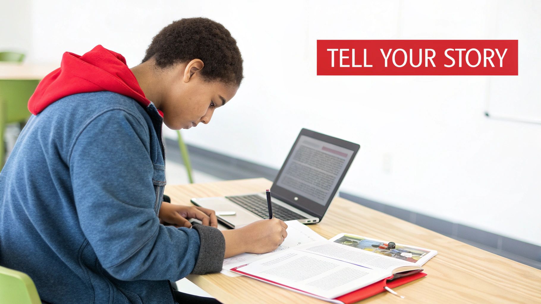 A young person with a red hoodie writes at a wooden desk with a laptop and textbook.