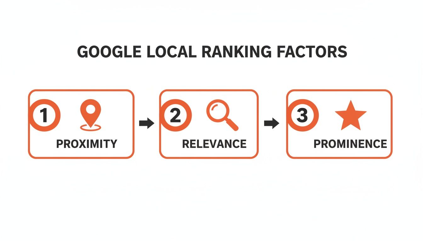 Diagram illustrating Google local ranking factors: proximity, relevance, and prominence with icons.