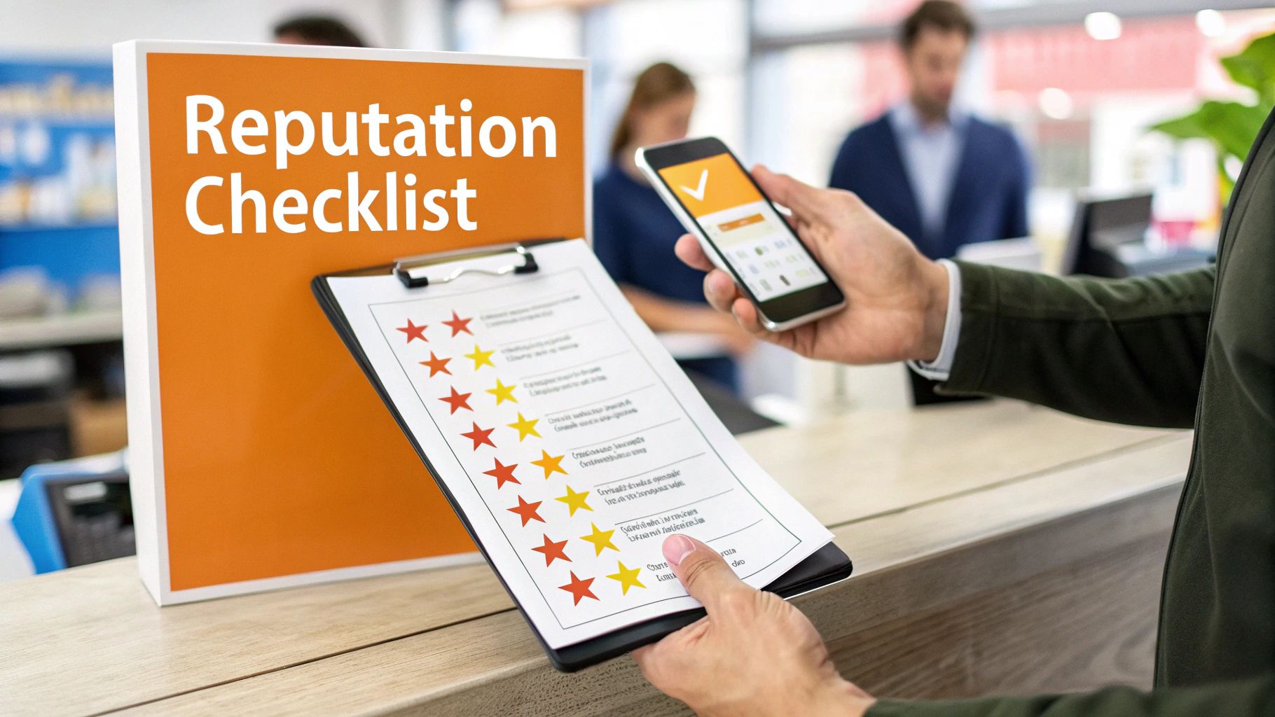 A person evaluates a reputation checklist with star ratings while holding a smartphone with a positive review.