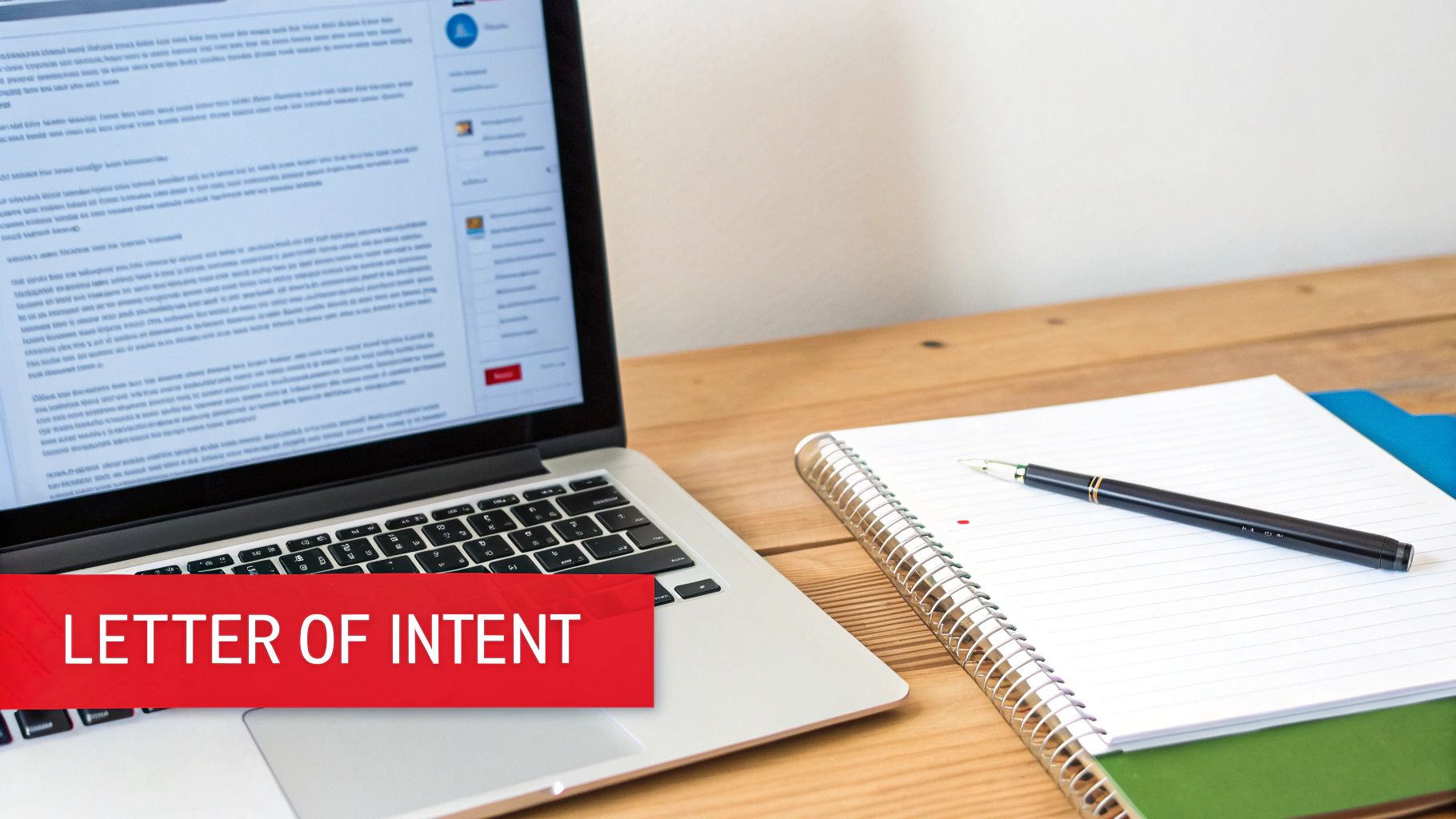 A laptop displaying text, a notebook, and a pen on a desk with a 'LETTER OF INTENT' banner.