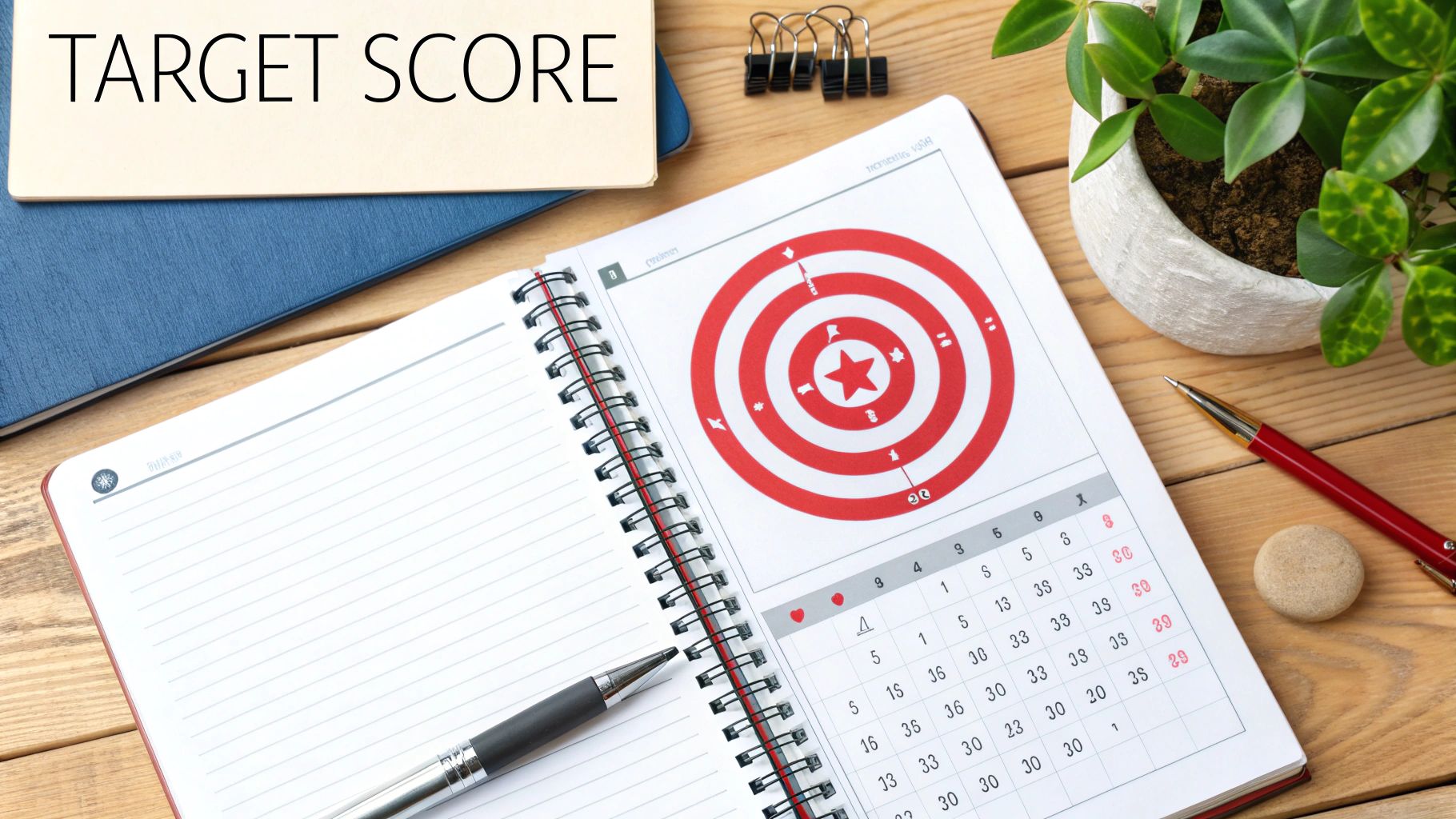 Overhead view of a wooden desk with a notebook showing a bullseye target and a 'TARGET SCORE' sign.