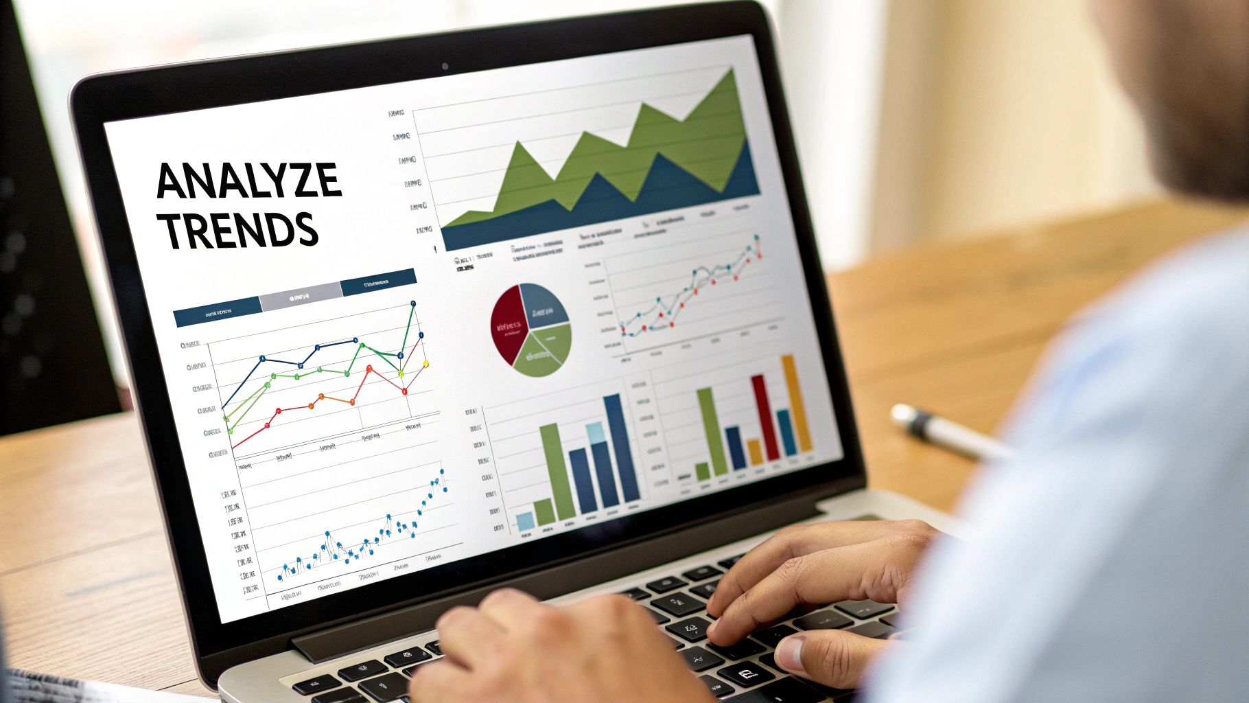 Laptop screen showing different charts and graphs for data analysis