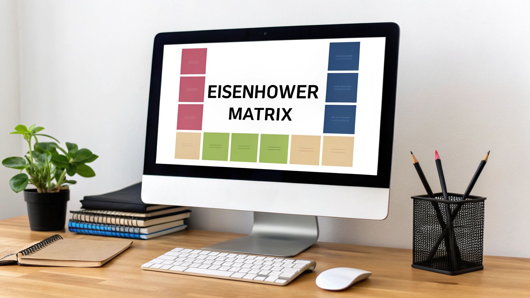 A computer screen on a wooden desk displays an Eisenhower Matrix for task prioritization, surrounded by notebooks and pencils.