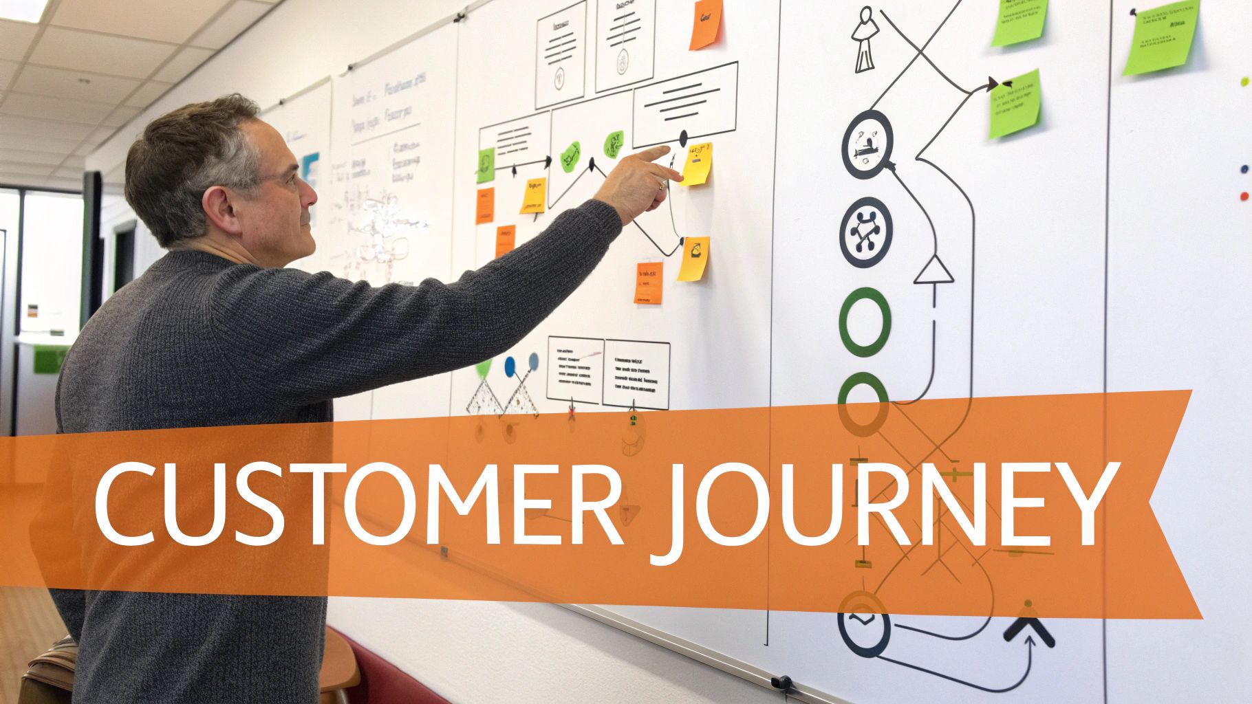 Business professional mapping customer journey on whiteboard with colorful sticky notes and diagrams