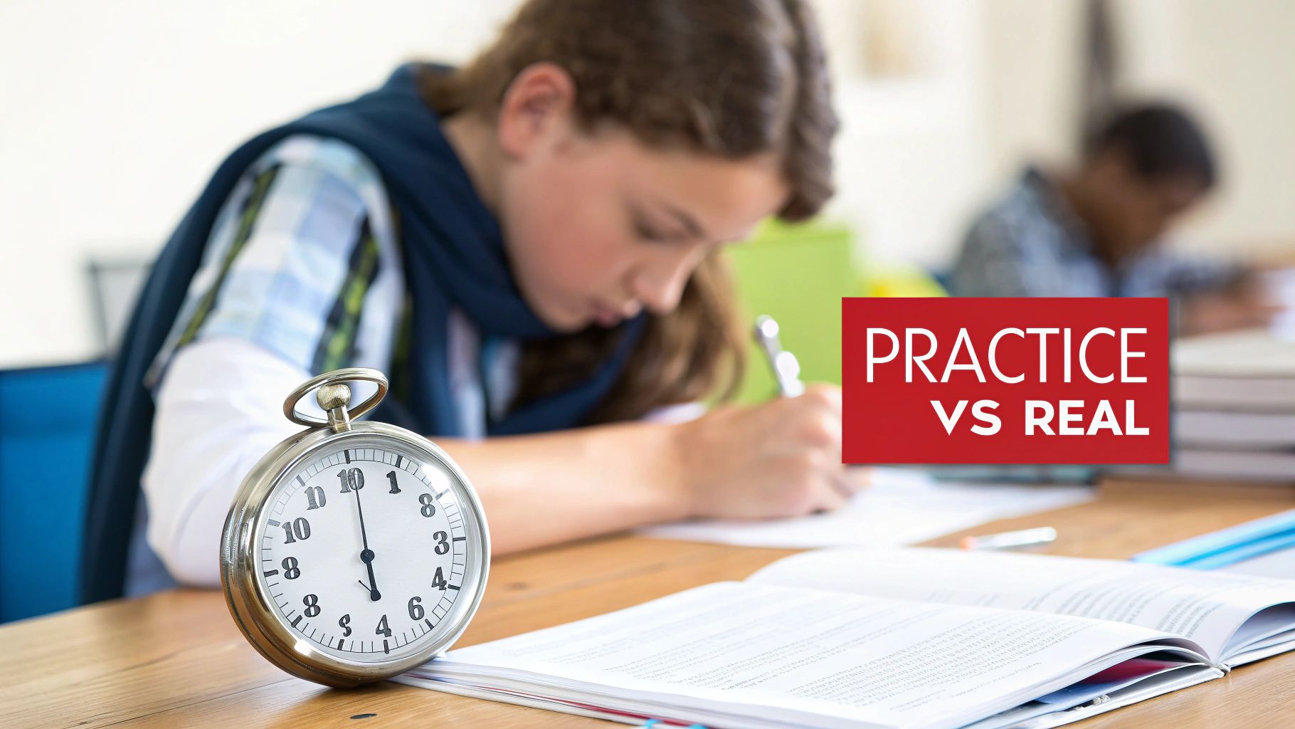 A student writing a timed practice test, with a stopwatch and open book on the desk, illustrating 'Practice vs Real'.