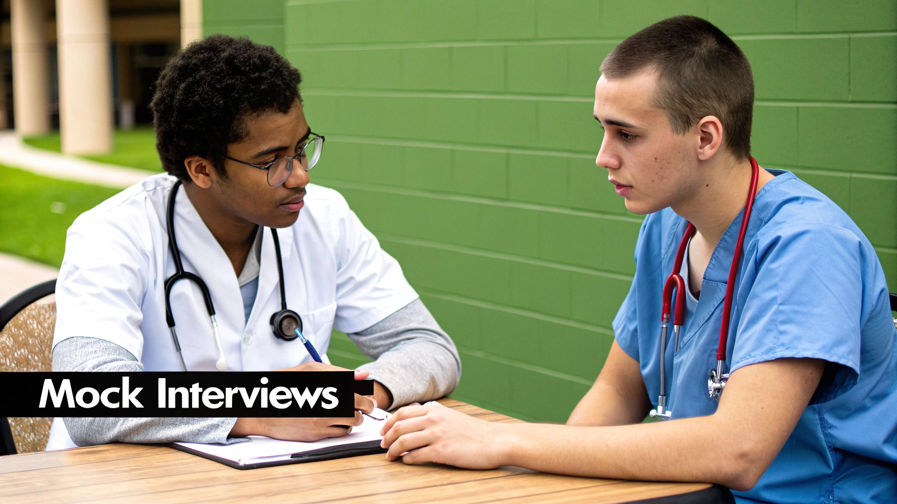 Two medical professionals in a discussion during a meeting