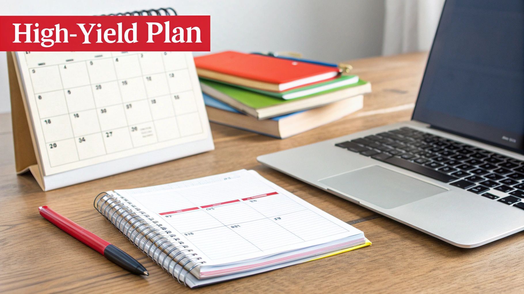 A desk with a calendar, spiral planner, books, and laptop, representing a high-yield study plan.