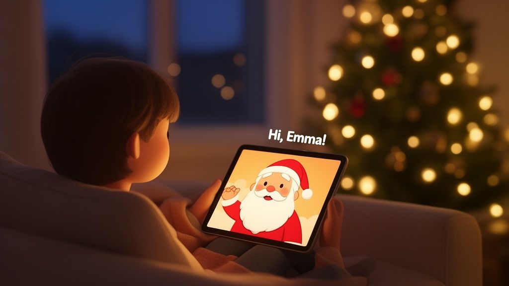 A child watches a cartoon Santa Claus on a tablet, with a festive Christmas tree in the background.