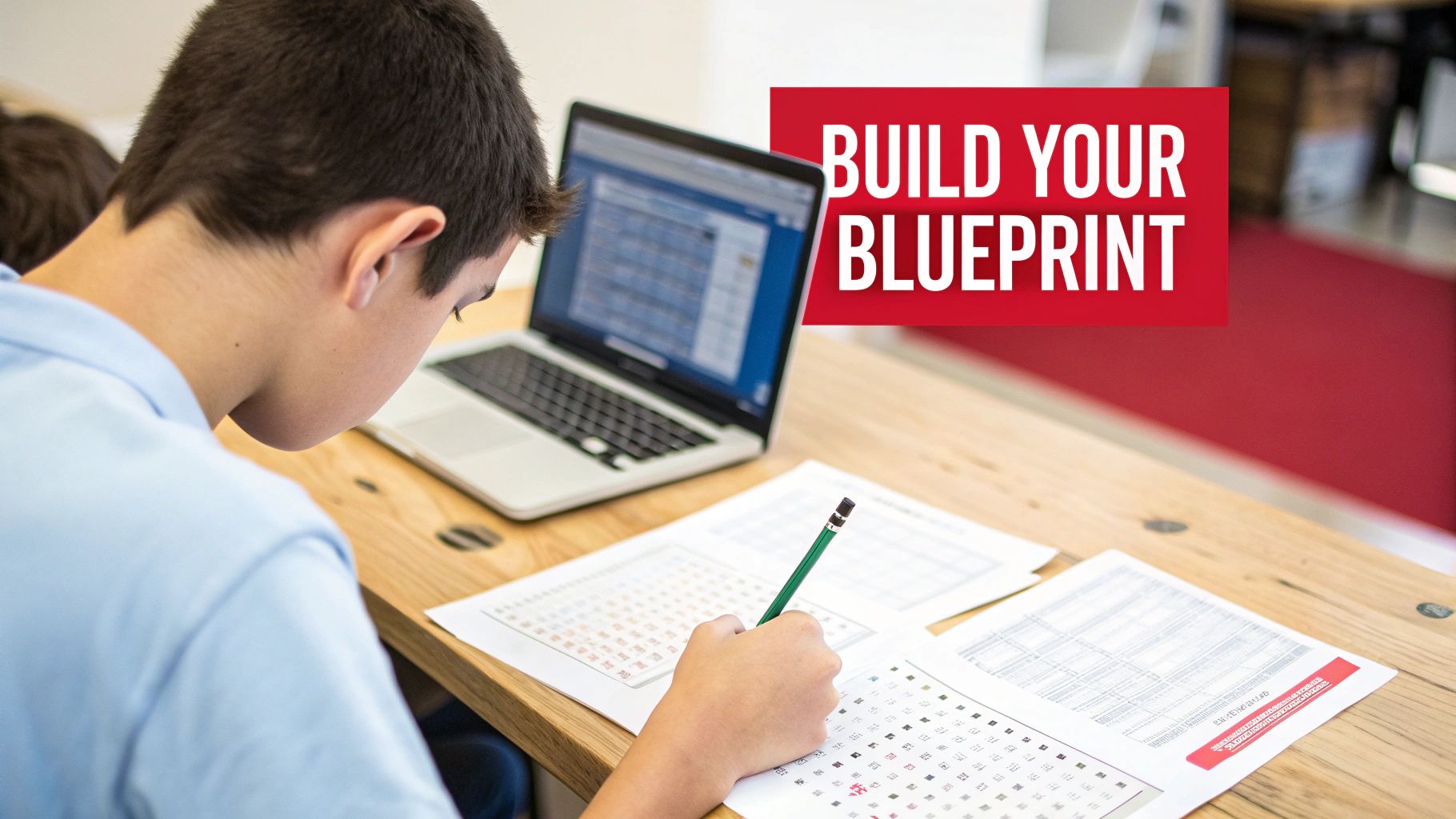 Student studying MCAT preparation materials with laptop and written test schedule blueprint on desk