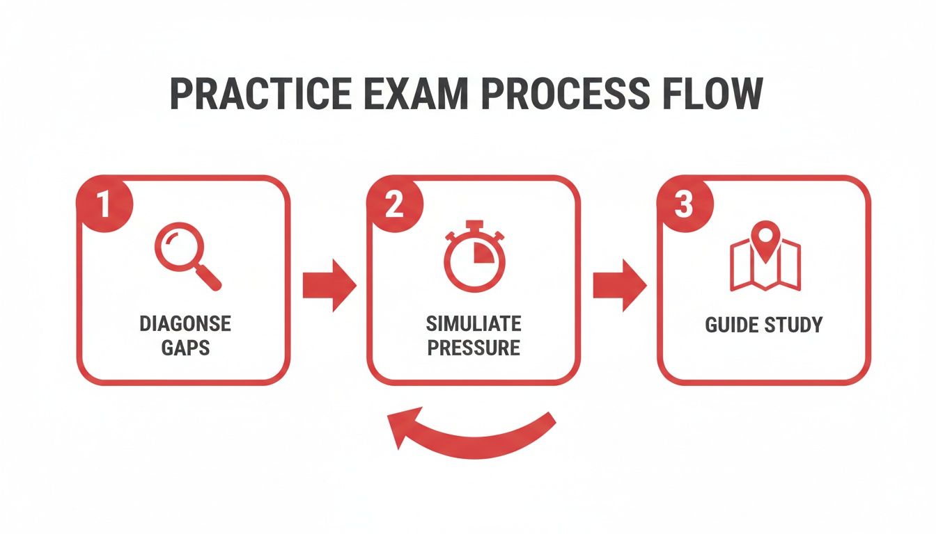 Flowchart illustrating the practice exam process: diagnose gaps, simulate pressure, and guide study.