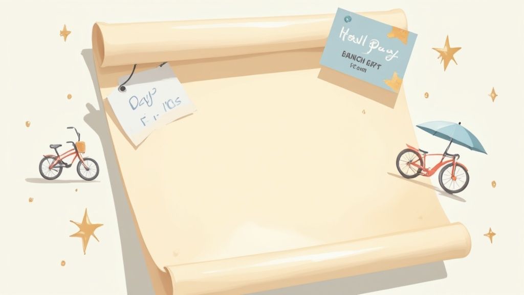 A whimsical illustration of a large scroll with two bicycles, two notes, and scattered golden stars.