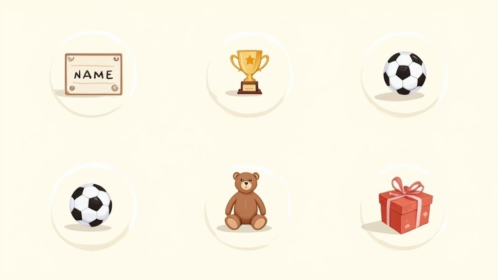 Six circular icons featuring a name tag, golden trophy, two soccer balls, a teddy bear, and a red gift.