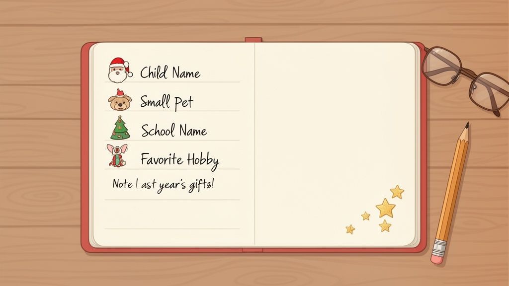 An open notebook resembling Santa's list for a child, with icons, on a wooden desk.