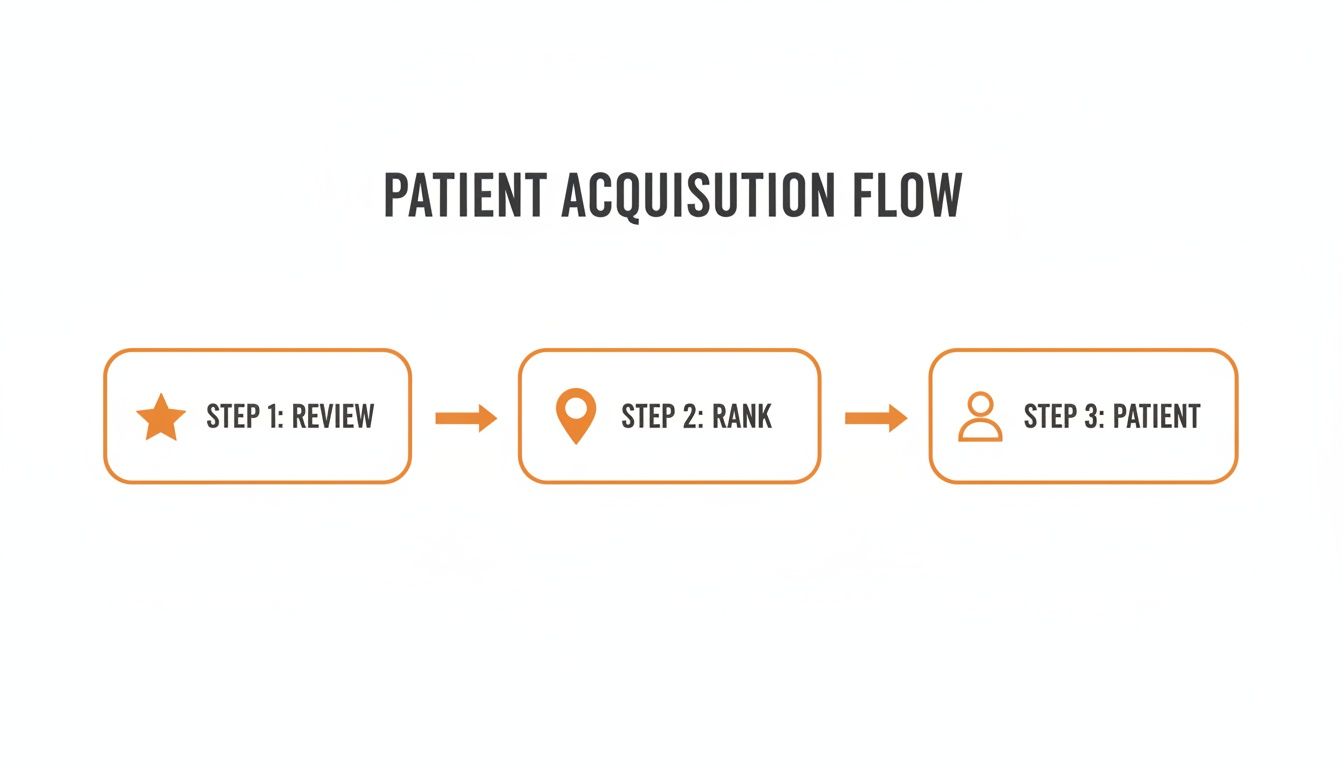 Diagram illustrating a patient acquisition flow with three distinct steps: review, rank, and patient.