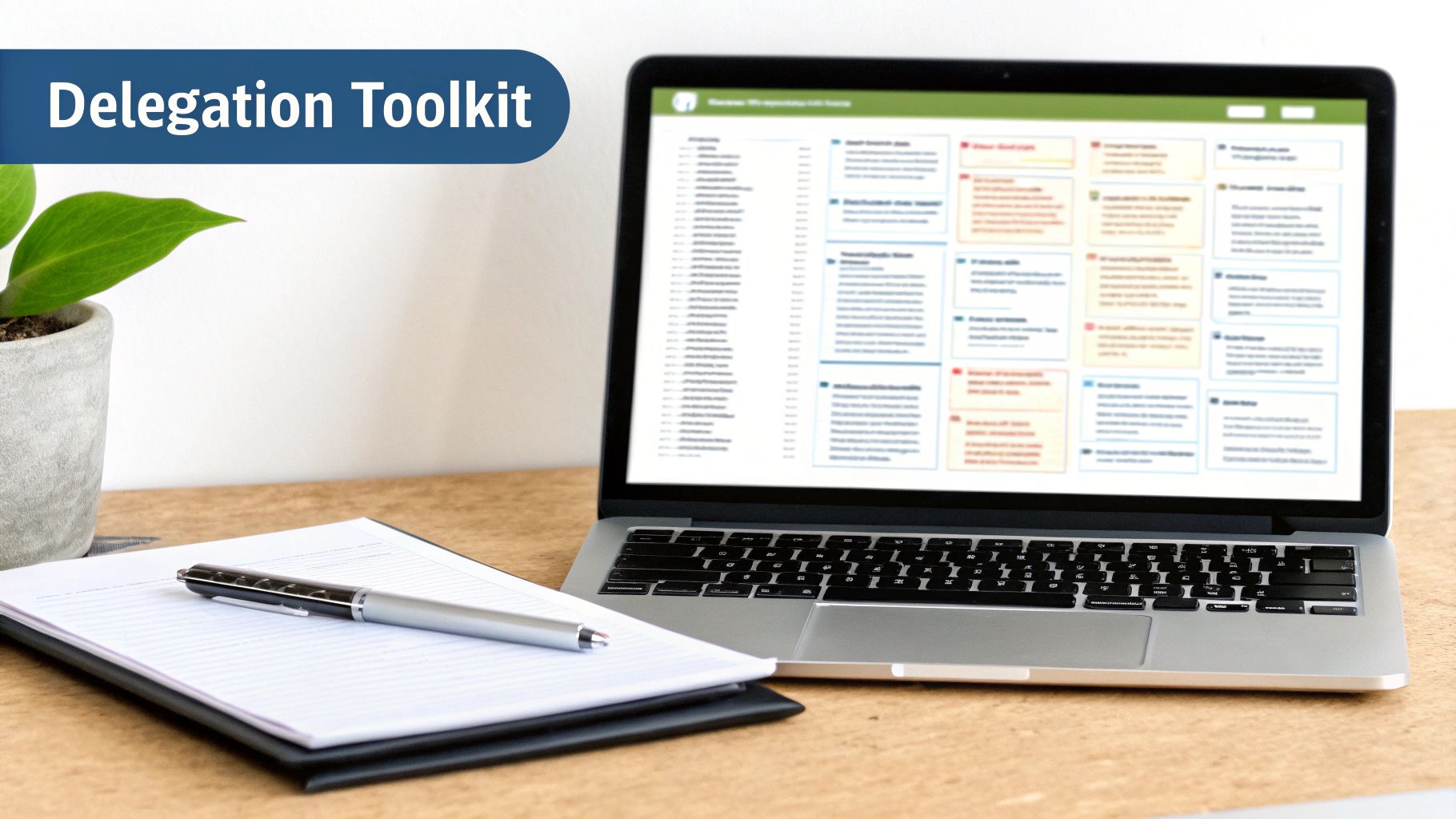 A laptop displaying a 'Delegation Toolkit' interface, with a notebook, pen, and plant on a desk.