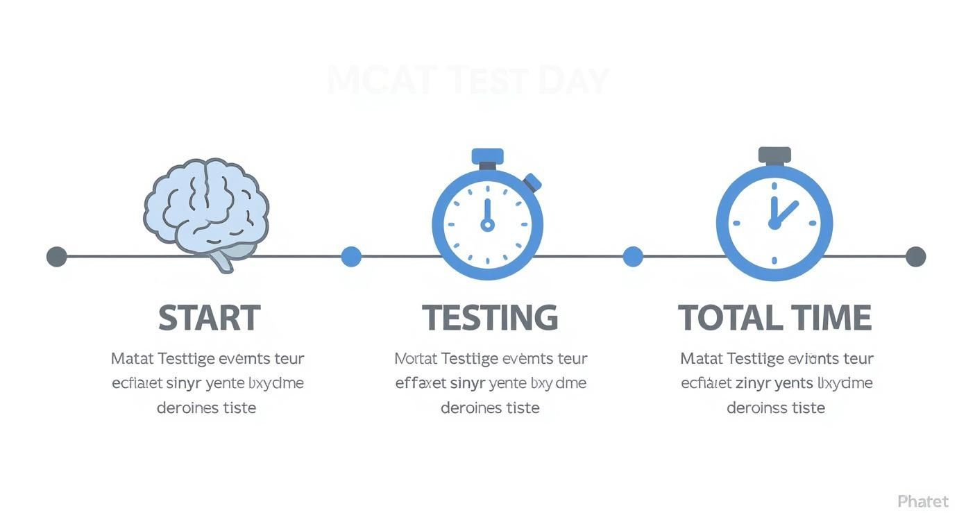 MCAT test timeline infographic showing three stages: start with brain icon, testing with stopwatch, and total time with clock