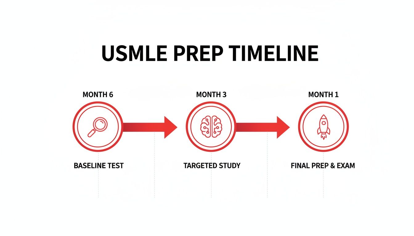 USMLE prep timeline showing three key stages: Baseline Test, Targeted Study, and Final Prep & Exam.