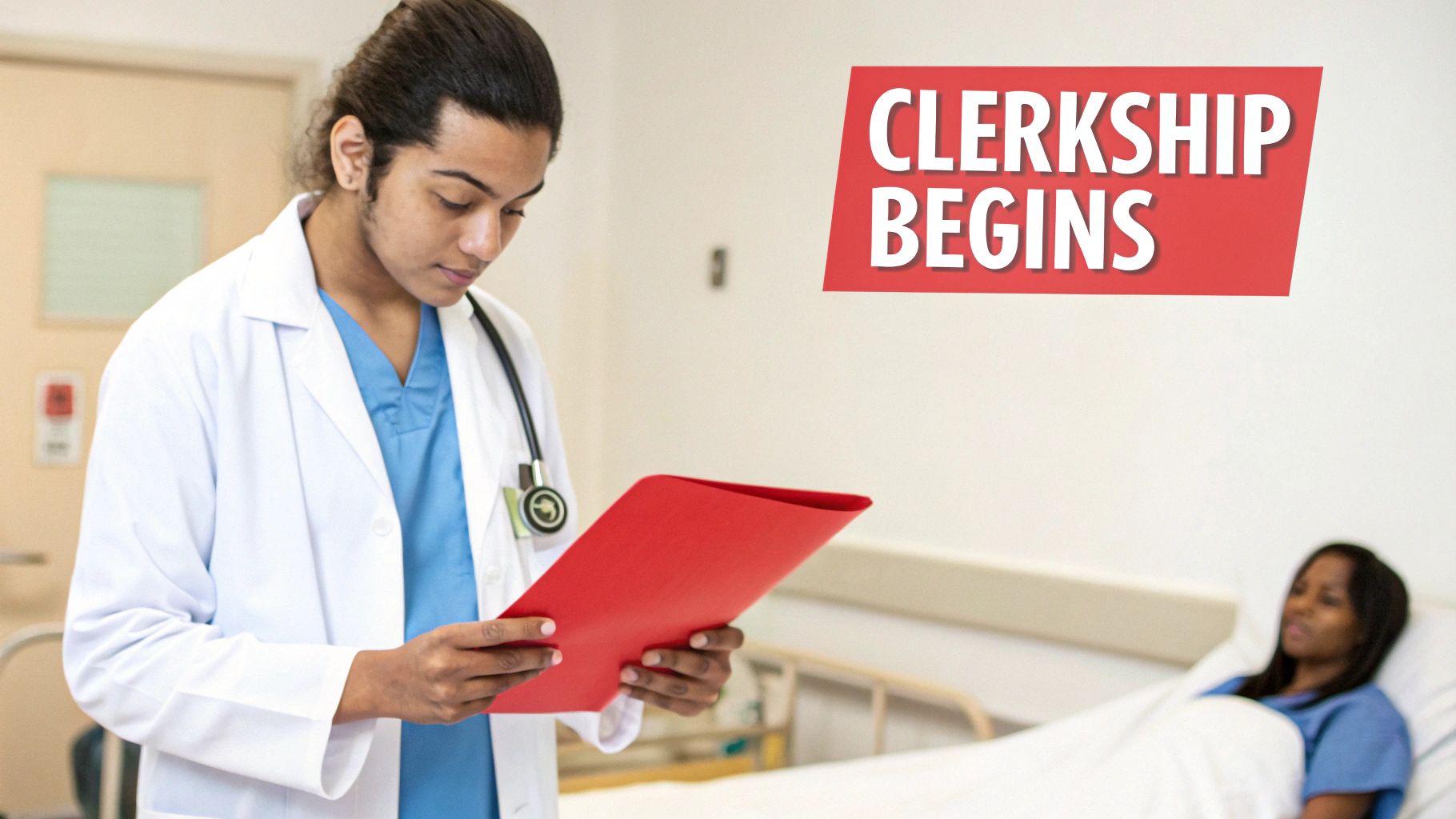 A young doctor in scrubs and a lab coat reviews a red folder, with a patient in bed and a banner reading 'CLERKSHIP BEGINS'.