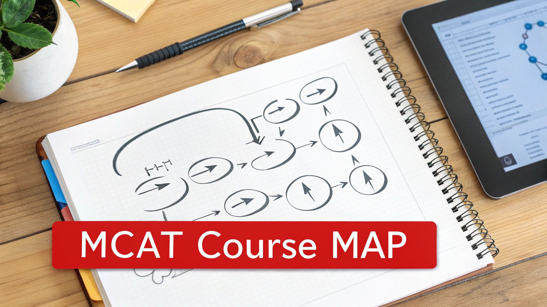 A notebook on a wooden desk with a handwritten flowchart, a pen, and a red banner saying 'MCAT Course MAP'.