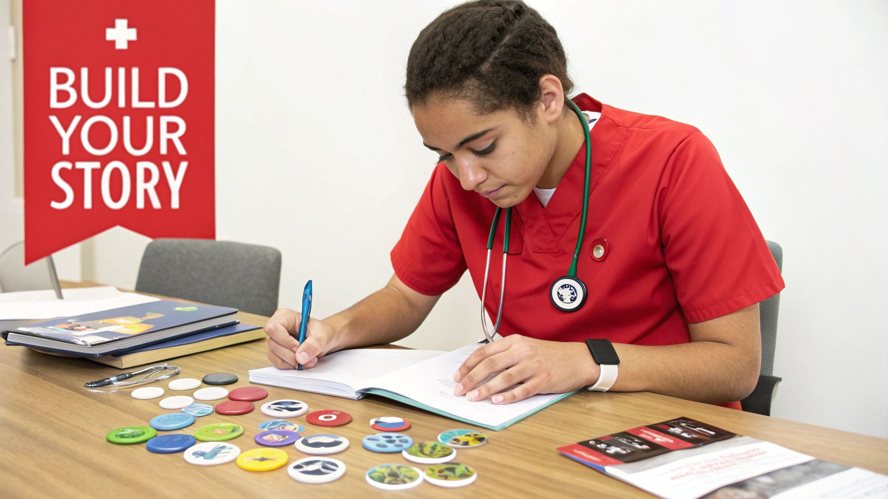 A focused student studies for the MCAT at a desk with books and a laptop