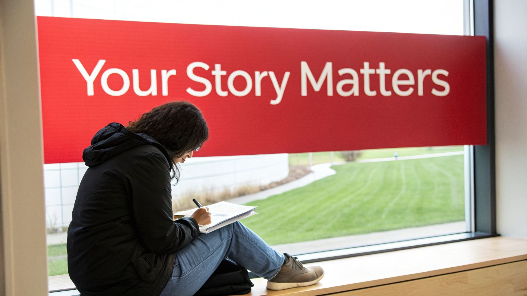 A person with curly hair writes on paper, sitting on a window sill with a red sign stating 'Your Story Matters'.