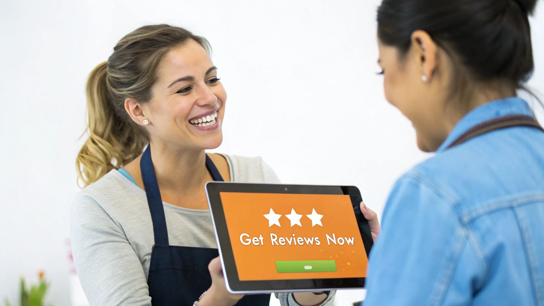 Smiling store employee holding a tablet displaying 'Get Reviews Now' with three stars to a customer.