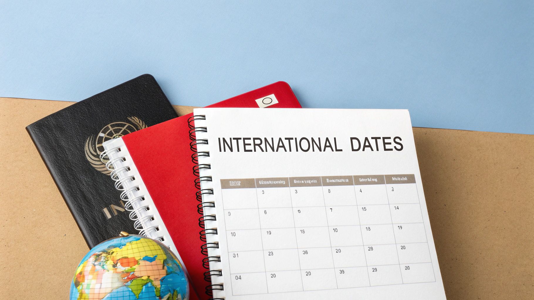A small globe, passport, and "INTERNATIONAL DATES" calendar on a blue and brown background.