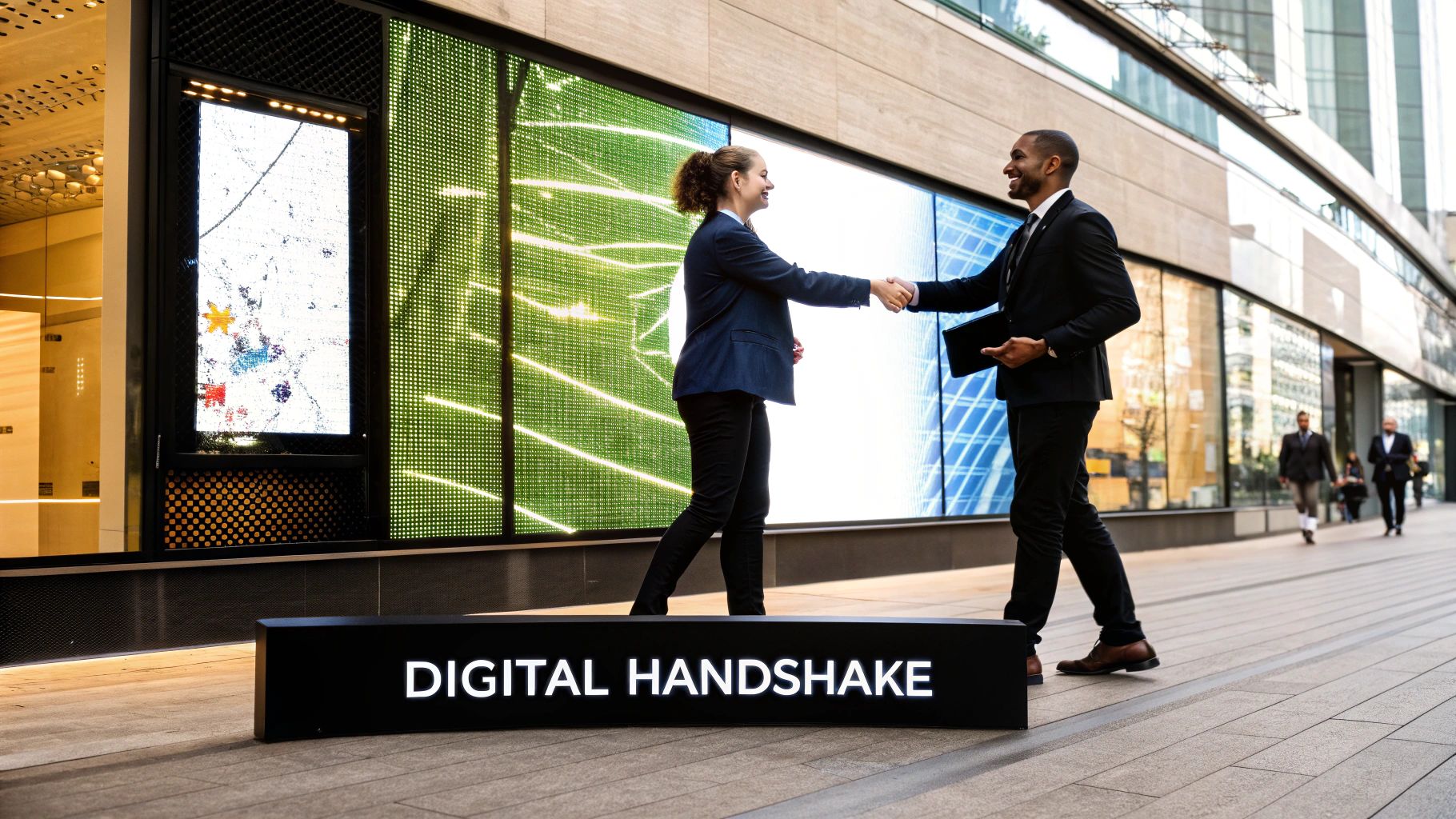 Two people shaking hands over a digital interface, symbolizing trust and reputation in the online world.